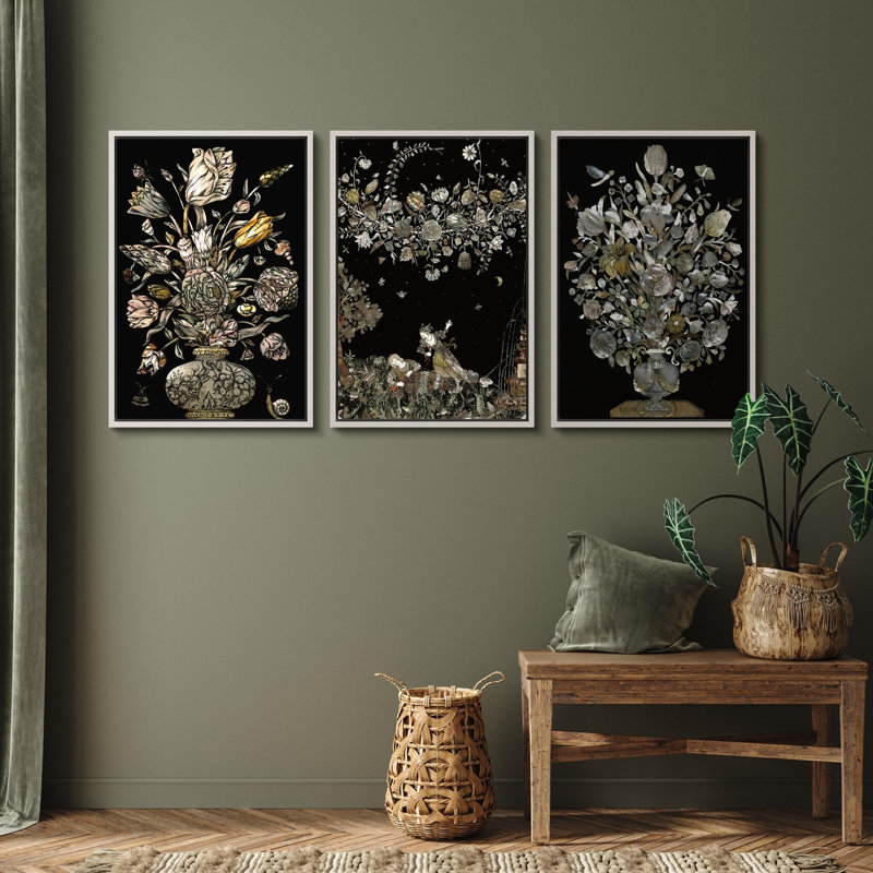 «Enchanteresse florale et insecte de style baroque, paysage naturel rétro, décoration rustique et classique», 3 pièces, Blanc