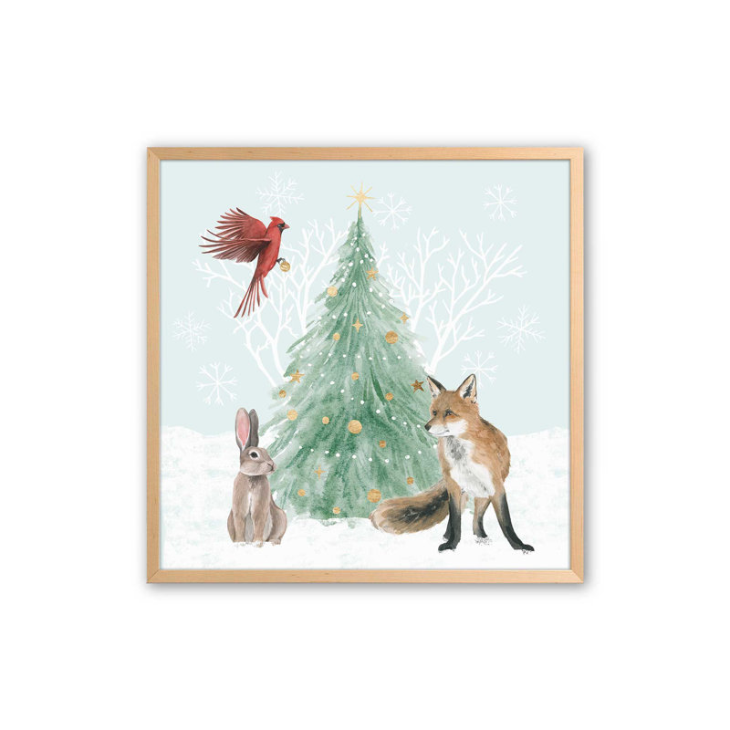 Faune hivernale avec arbre de Noël I, H 13,5 po x l 13,5 po x P 1,25 po, Érable brut encadré