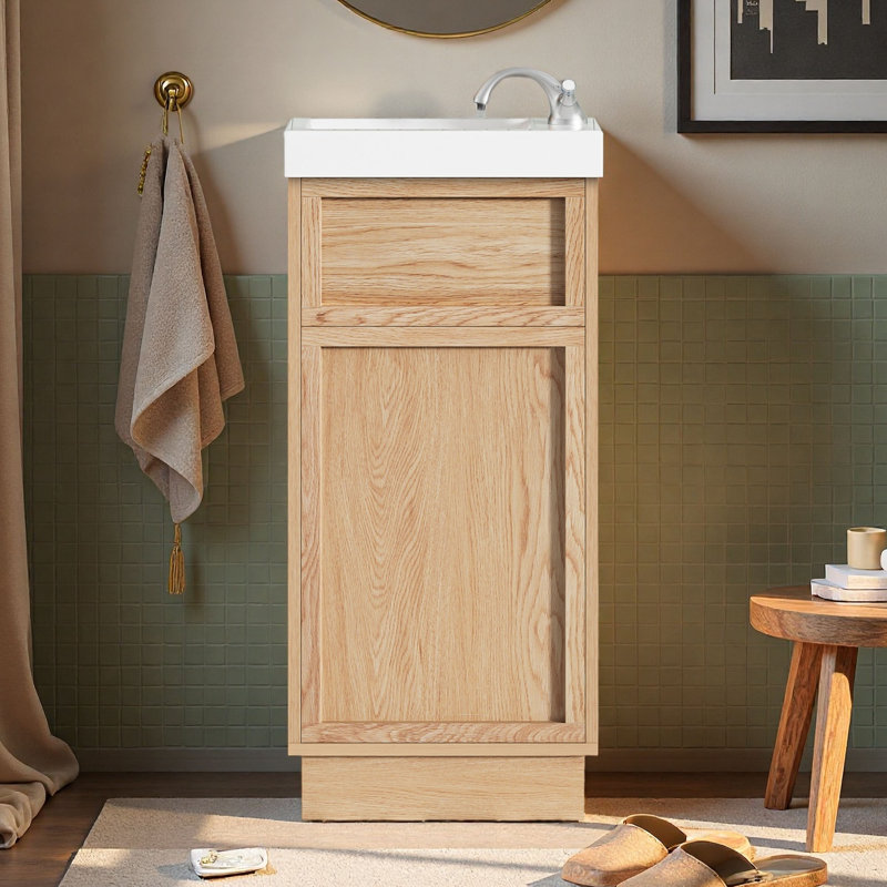 Meuble-lavabo réversible simple en résine 15,75 po avec pieds en bois massif, meuble-lavabo avec porte à pousser et tablette réglable