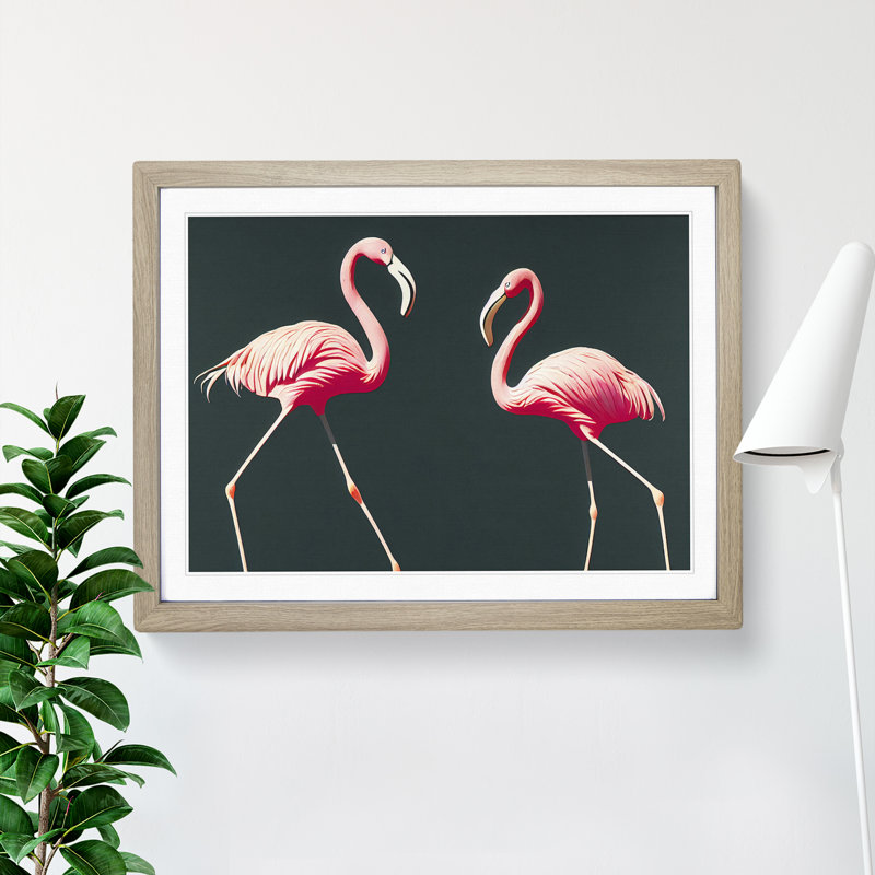 Shining Flamingos - Single Picture Frame Print, 25cm H x 34cm W x 2cm D, Oak