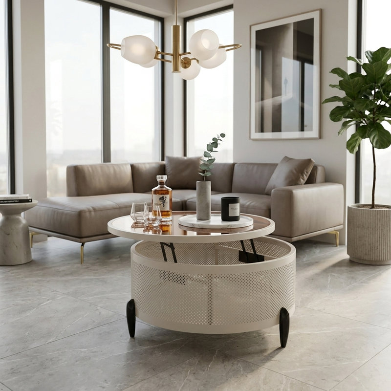 Table basse ronde avec plateau relevable et fonction de rangement, Blanc, Brun transparent