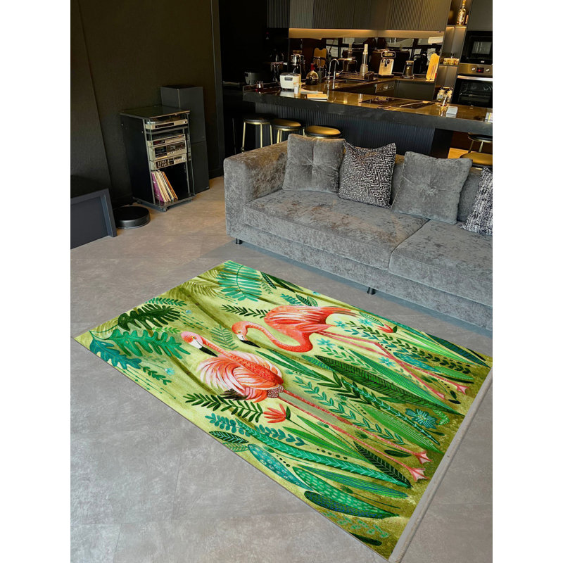 Tapis décoratif moderne à motif tropical de flamants roses et de plantes de la collection Barcelona