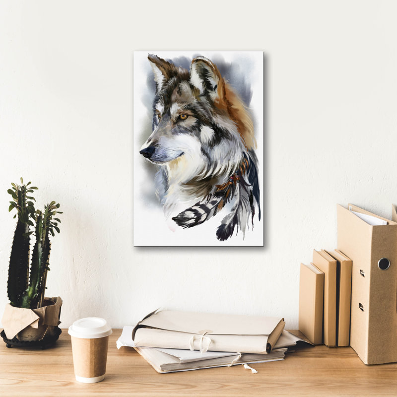  «Red Wolf Head and Bird Feathers» par Kajenna, art mural sur toile, 12 po x 18 po, H 18 po x l 12 po