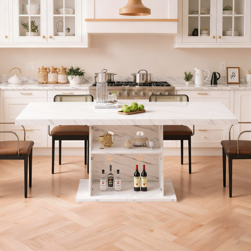 Modern Dining Table For 4 To 6, White Rectangle Kitchen Table With Storage, Wooden Pedestal Dining Room Table With Fridge Space