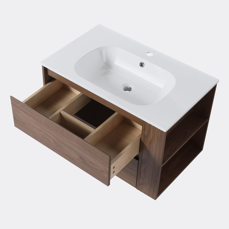 Meuble-lavabo mural avec lavabo en gel, Chêne brun