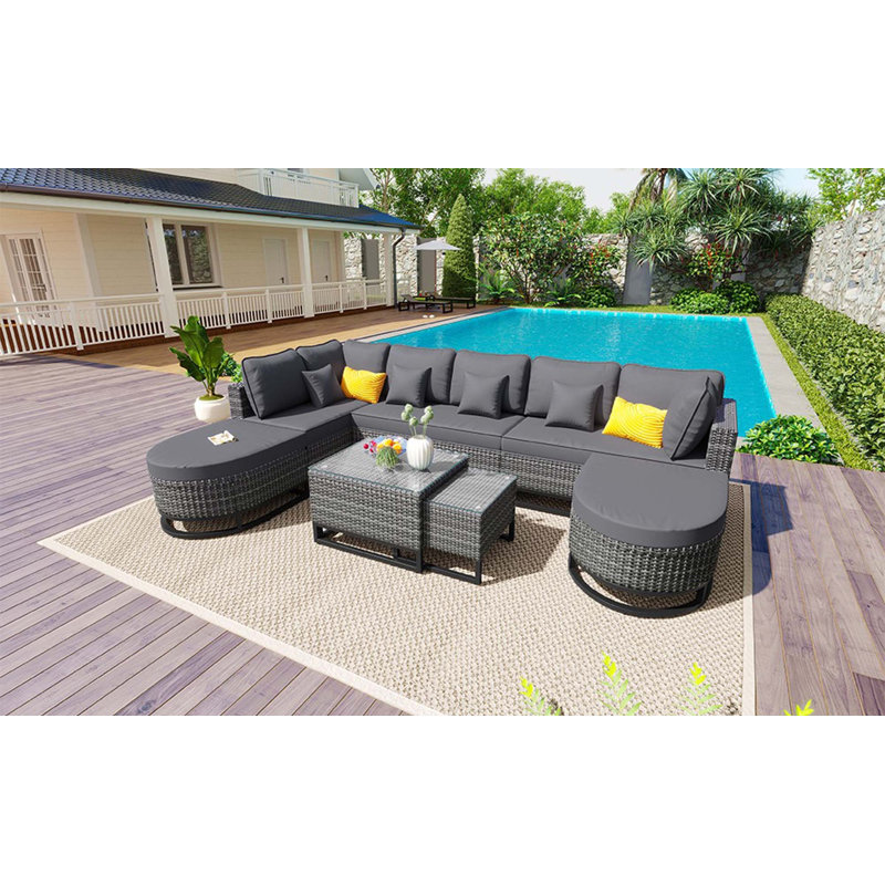 Ensemble de canapé 7 pièces en osier de grande taille avec 2 tables basses et coussins, Gris