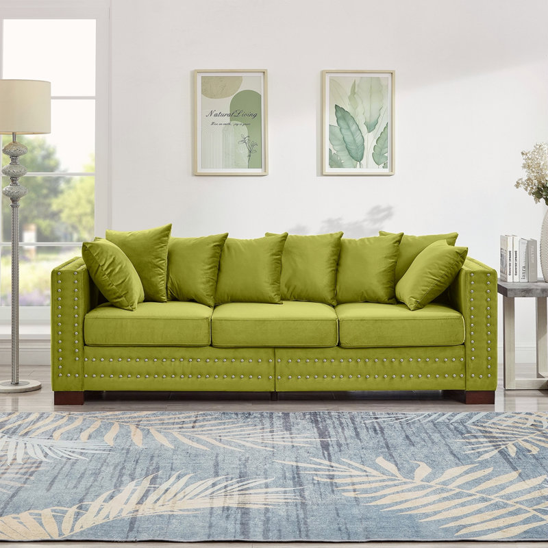 Canapé de salon moderne avec accoudoirs carrés décorés de clous argentés, Vert