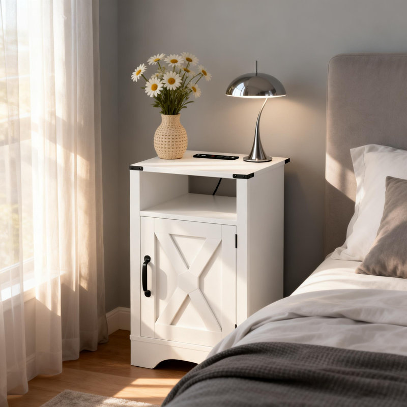 Farmhouse Nightstand With Charging Station, White