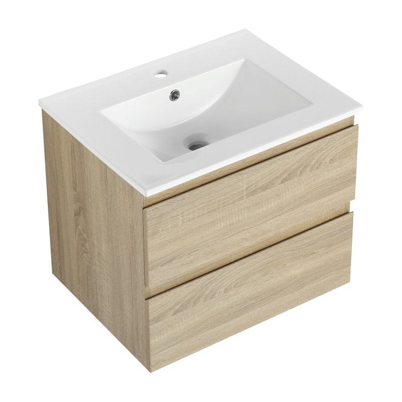 "Meuble-lavabo mural avec lavabo en céramique, 2 tiroirs à fermeture en douceur, ensemble Kd, solution de rangement de salle de bain moderne