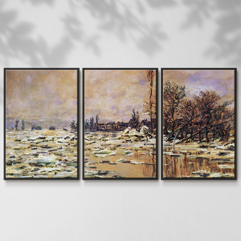 3 pièces Monet, H 24 po x l 48 po x P 2 po, Cadre noir