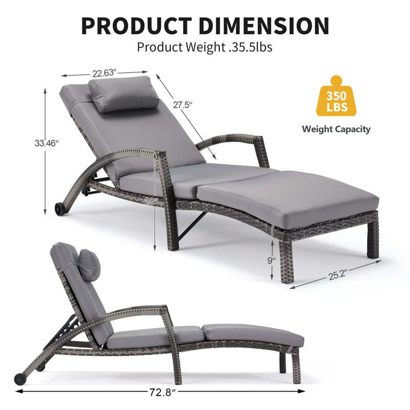 Double chaise longue inclinable avec coussins 72,8 po Miluse, Gray/Gray