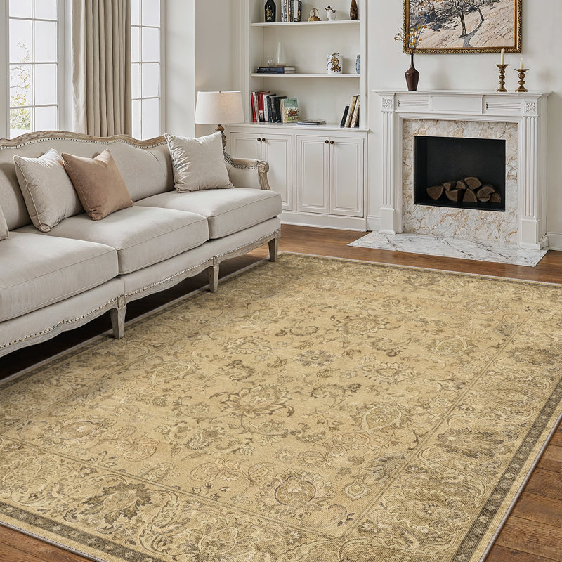 Vintage Floral Machine Washable Area Rug With Non-Slip Backing, Rectangle 9' x 12', Brown