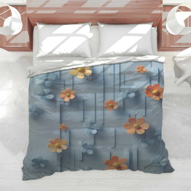 Édredon bleu, orange et fleurs, Simple extra long