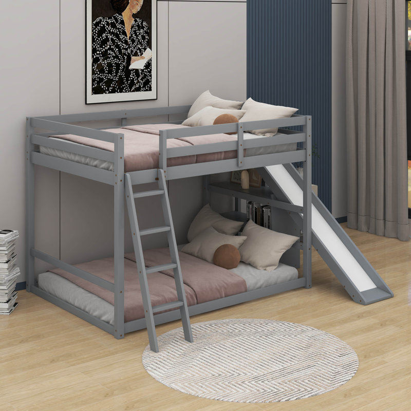 Lit superposé double avec échelle et tablettes, Gris
