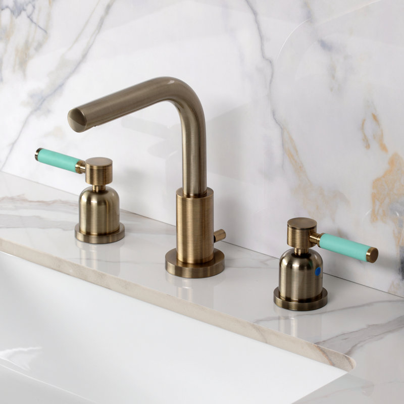 Kingston Brass Kaiser Two-Handle 3-Hole Deck Mount Widespread Bathroom Faucet with Brass Pop-Up Drain, Antique Brass/Black