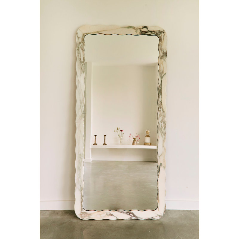 Miray 35 in. x 75 in. Natural Stone Marble Scallop Framed Mirror