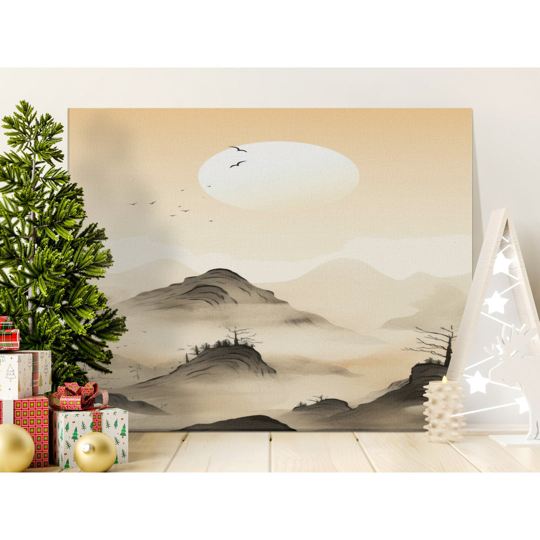 Tranquil Zen Landscape Canvas Print, Misty Asian Mountains Wall Art with Flying Birds & Moon, Peaceful Nature Home Decor Gift