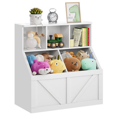 Rangement pour jouets pour enfants avec bibliothèque, coffre à jouets en bois avec 3 bacs et tablettes ouvertes, armoire multi-zones facile d'accès pour salle de jeux / chambre à coucher / garderie - rouge brunâtre Y26