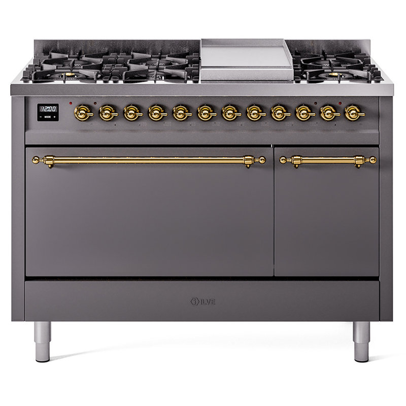 Cuisinière ILVE Nostalgie II Series 48 po à double combustible avec 8 brûleurs scellés et plaque de cuisson (propane liquide, porte pleine)