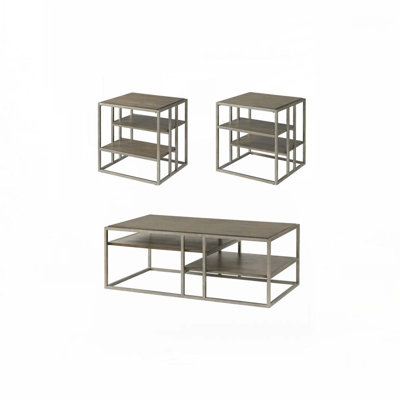 Ensemble de tables basses en bois avec base en métal et tablettes