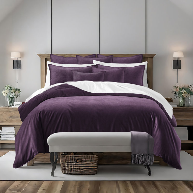 Cascade Velvet Solid Colour  Comforter Set 8 Piece, Twin Comforter + 7 Additional Pieces, Purple