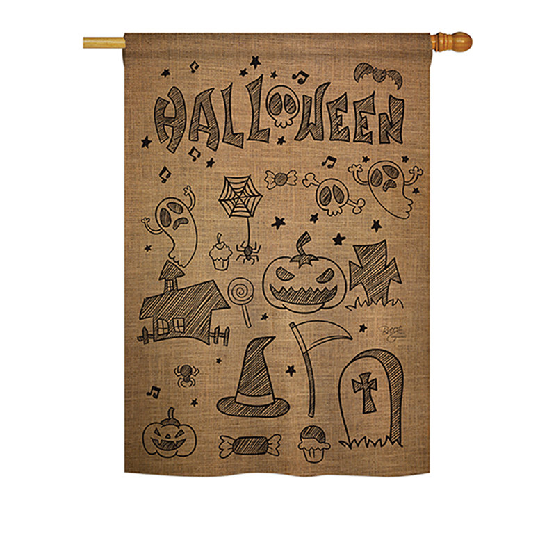 Drapeau maison en polyester 2 côtés halloween doodles, H 40 po x l 28 po