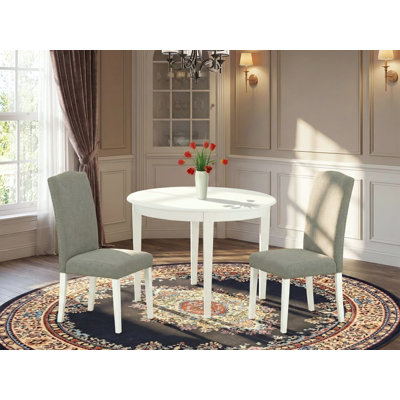 3 Piece Dining Room Furniture Set Contains a Round Kitchen Table and 2 Dark Shitake Linen Fabric Parson Dining Chairs, Linen White