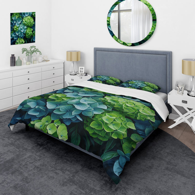 Ensemble de housse de couette vert et bleu, hydrangées et émeraude, Housse de couette pour grand lit et 2 taies décor