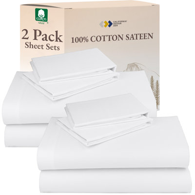 California Design Den Pack of 2 Natural 100% Cotton Sheet Sets - Soft Sateen, Lightweight, Breathable & Durable Bedding