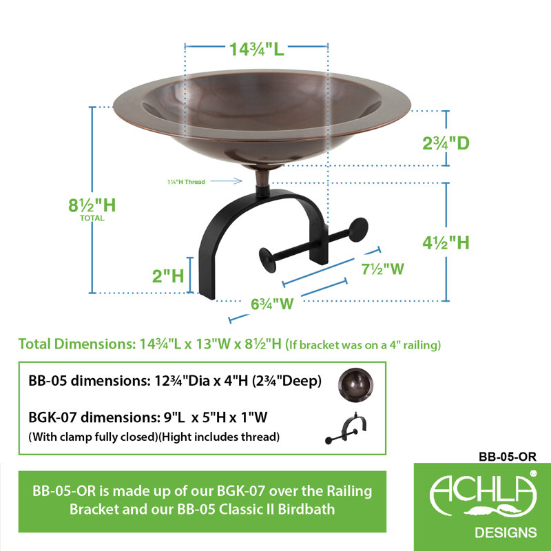 15" Antique Copper Over Rail Birdbath with Wrought Iron Bracket