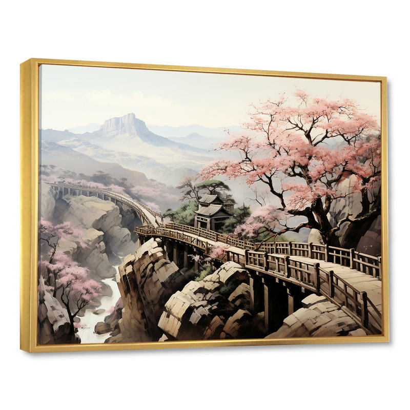 Rose, paysage floral japonais, paysage II, Cadre flottant doré, H 34 po x l 44 po x P 1,5 po