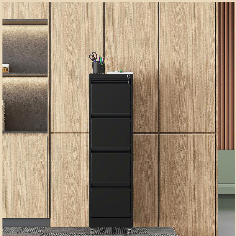 4 Drawer Metal Locking Vertical File Cabinet on Wheels, Black