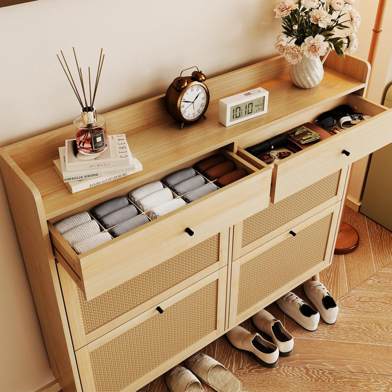 Range-chaussures, range-chaussures en rotin avec 4 tiroirs rabattables et 2 tiroirs, range-chaussures en bois