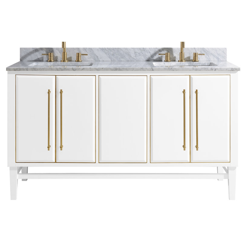 Mason 60" Double Bathroom Vanity with Carrara Marble Top, White, Matte Gold, Carrara White