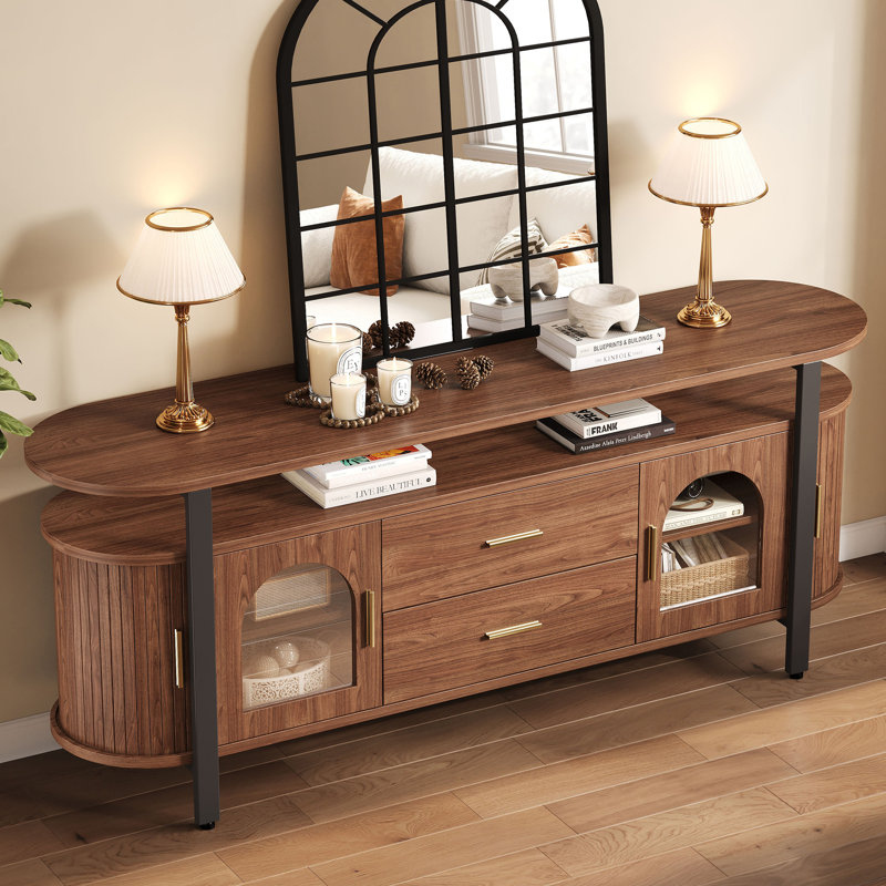 63" Mid-century Modern Tv Stand Fits Tvs Up To 70", Entertainment Center With Storage Drawer And Sliding Door, Walnut Tv Console For Living Room, Bedroom