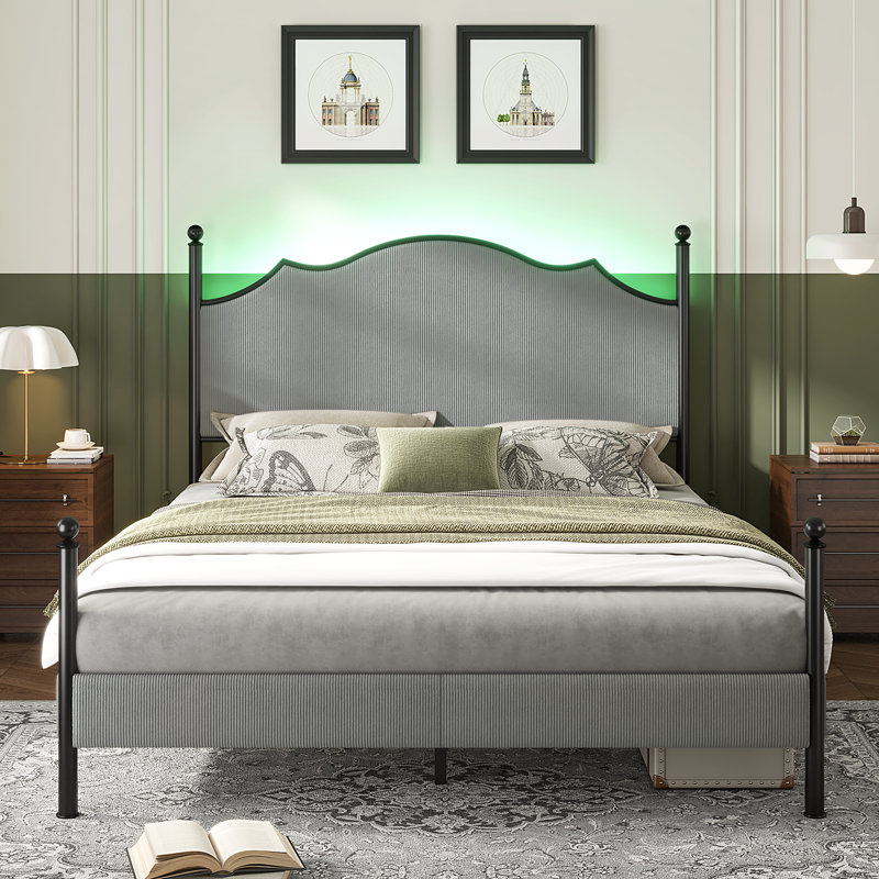 Lark Manor Upholstered Bed Frame With 51.2" Tall Headboard, Metal Four Poster/LED/Easy Assembly, Full / Double, Light Gray