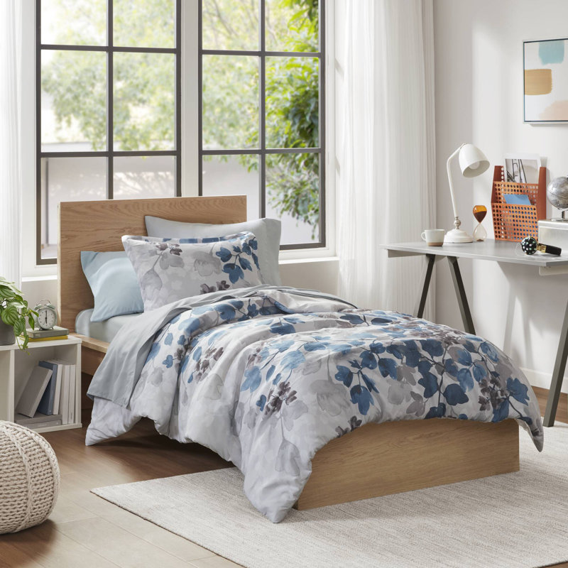 Blue Floral Microfiber Twin Bed in a Bag Set