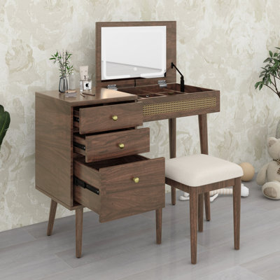 Bureau de coiffeuse rétro bohémien, miroir avec lumières DEL, plateau de table rabattable, 3 tiroirs et 10 compartiments pour un usage domestique