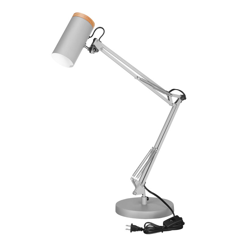 Lampe de table réglable en métal, grande taille, hauteur maximale 29,7 po, base E26, lampe de bureau à bras pivotant avec accent en bois