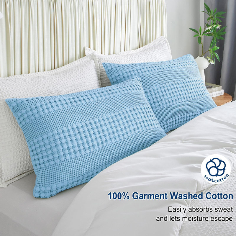 PHF 100% Cotton Ruffle Waffle Pillow Shams, 2 Pack Soft Skin-Friendly Bed Pillow Covers for Aesthetic Home Decor, Airy Blue