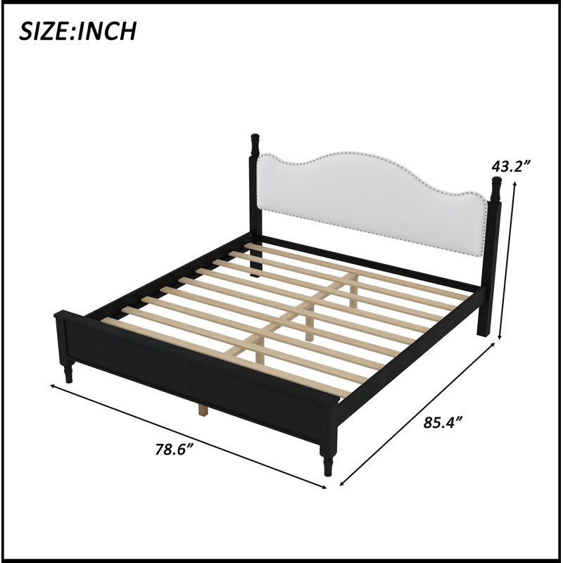 Lit plateforme très grand en bois avec tête de lit tapissier, Black+White