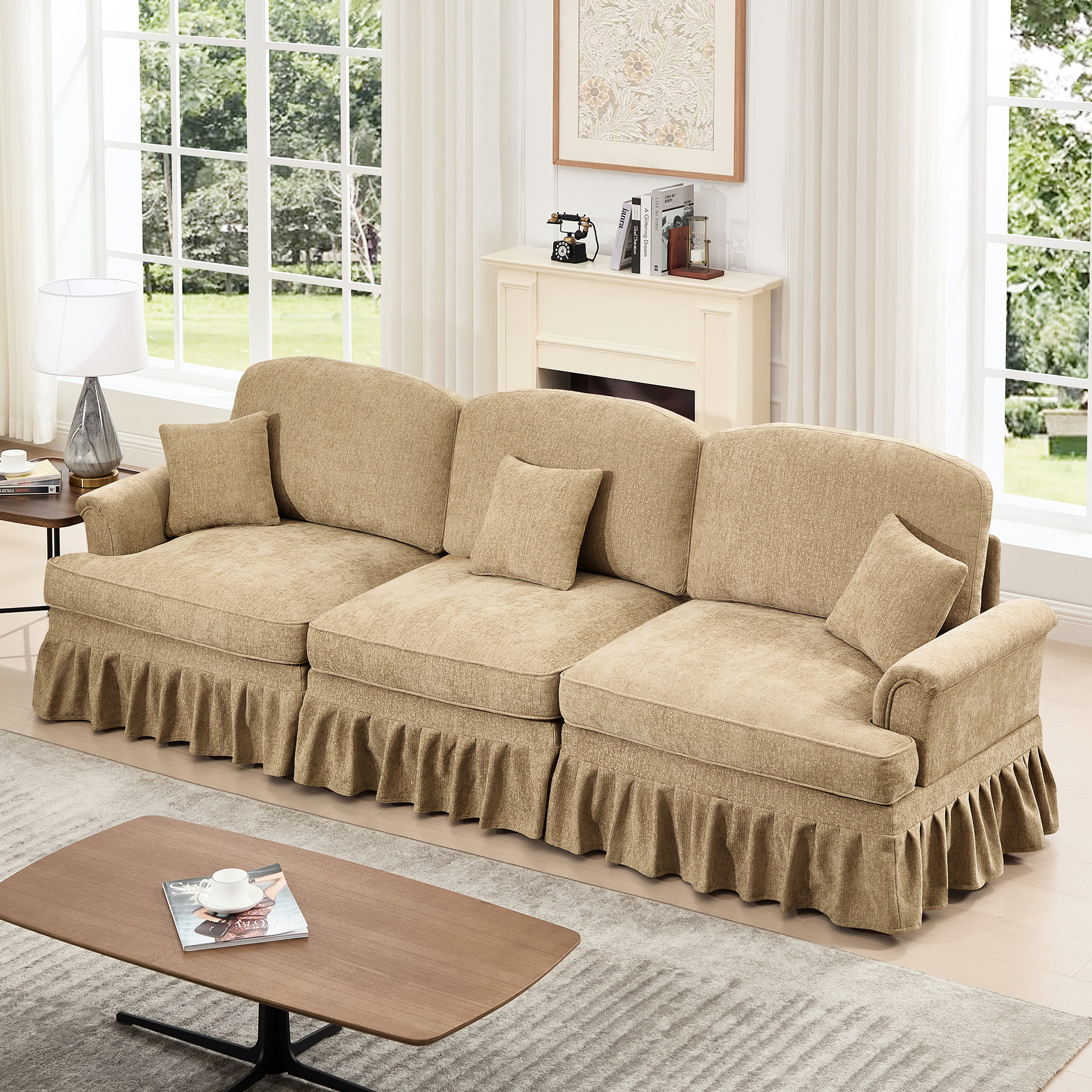 Latitude Run® Mid Century 3 Seater Couch With Removable Ruffles, Silver ...
