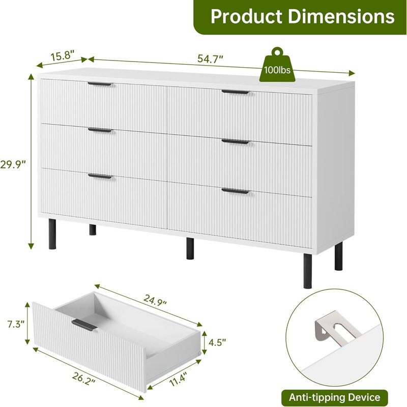 Fluted 6 Drawer Dresser, Wide Wood Double Dresser with Metal Legs and Handles, Modern Chest of Drawers with Anti-Tipping Design for Bedroom Living Room Hallway