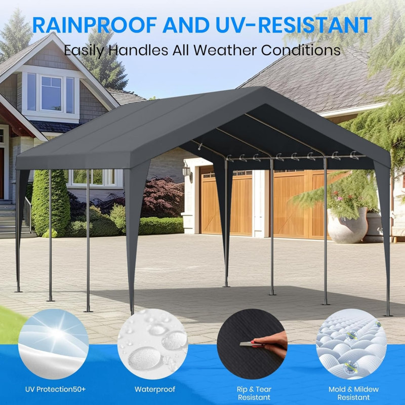 10X20 Ft Portable Garage Replacement Top Canopy Cover, Shelter Tent Party Tent For Car With 46 Ball Bungees Cords Grey (Only Top Cover, Frame Is Not Included)
