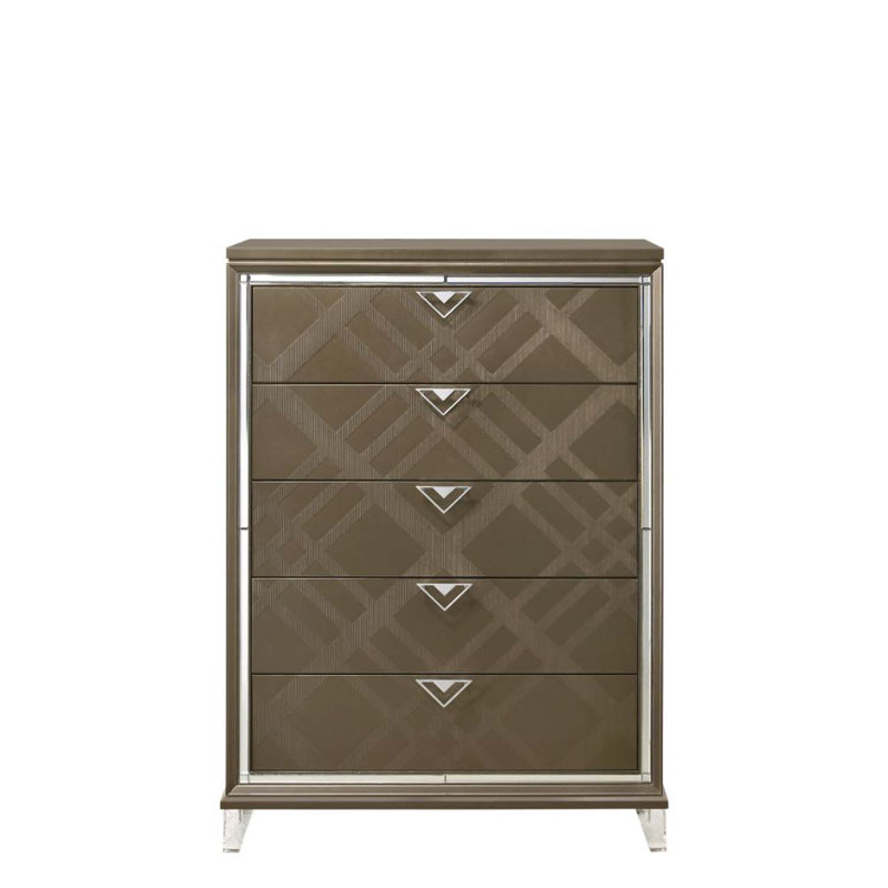 Commode 5 tiroirs Skylar, finition champagne foncé