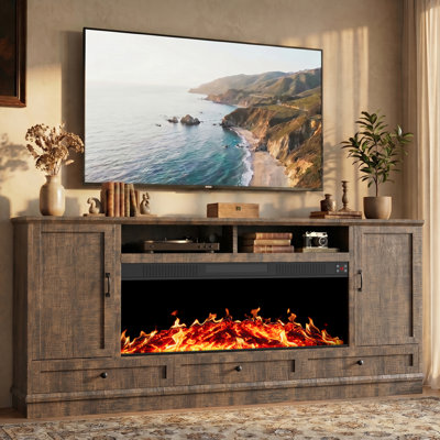 Meuble télé 85 po avec foyer électrique et tiroir, armoire de cheminée en bois, lecteur de musique et flamme réglable