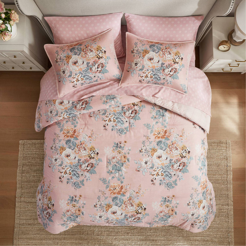 5 pièces de 5 pièces à motif floral inspiré du vin, rose, Twin Comforter + 4 Additional Pieces, Rose multicolore