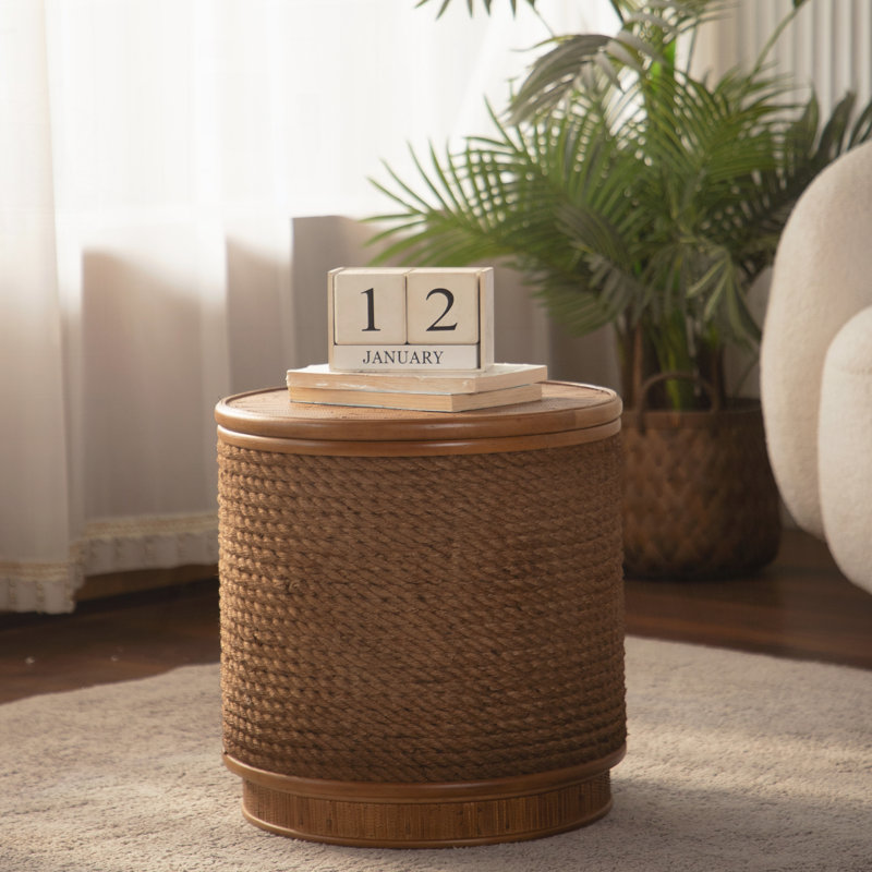 Table basse ronde en rotin avec rangement amovible