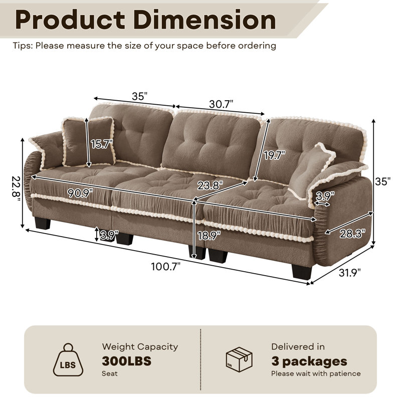 Canapé modulaire en chenille avec 4 coussins, 35" H x 100" W x 32" D, Light coffee Chenille