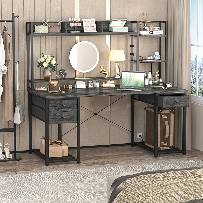 Bureau d'ordinateur avec huche, tablettes de rangement, prises de courant et lumières DEL, Gris / Noir